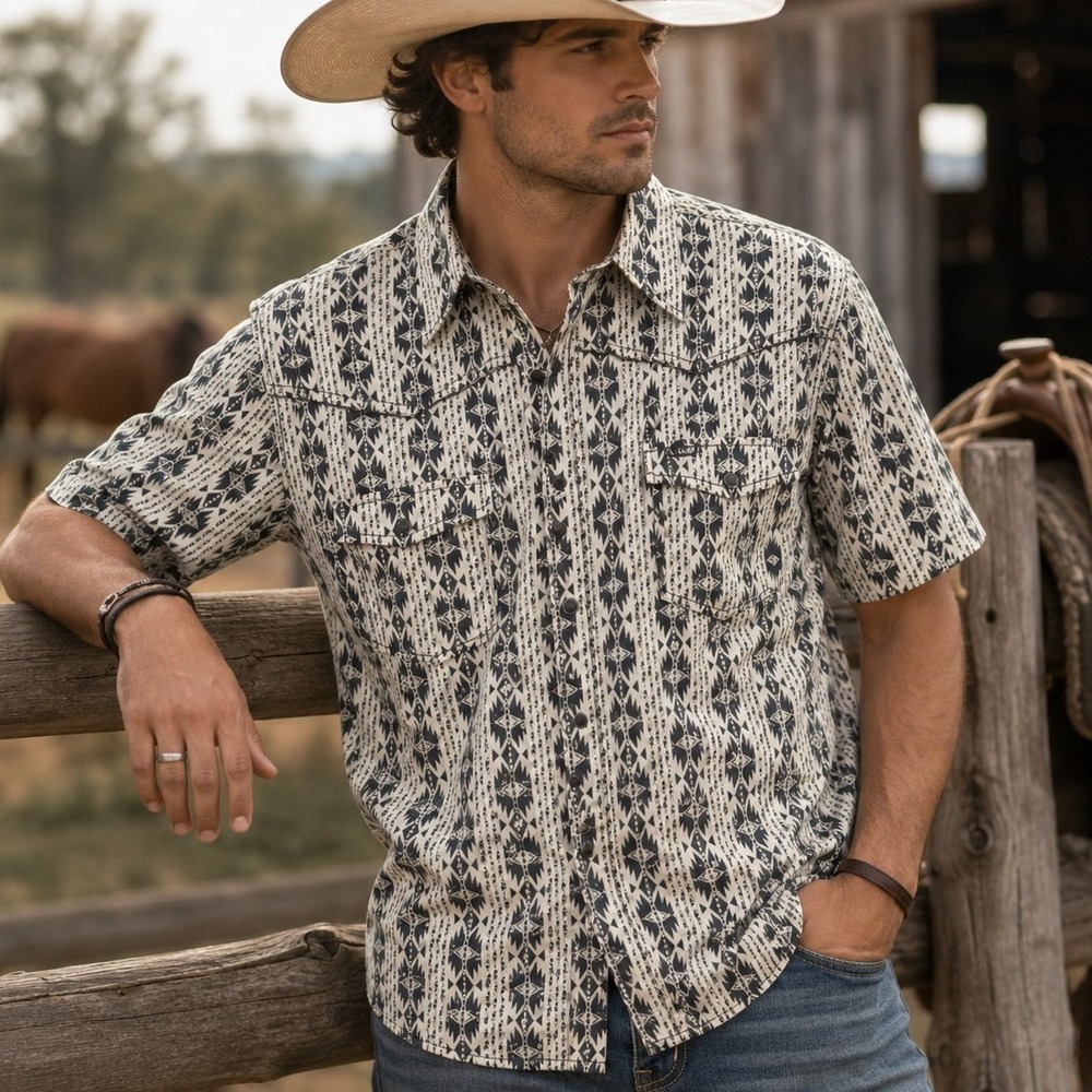 Cowboy Hardware Mens Western Shirt Short Sleeve Geometric Tribal Stripe Black M